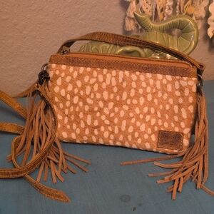American Darling Tan and Cream Wristlet with Fringe